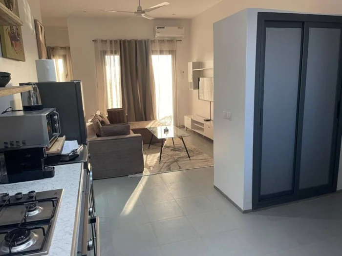 Appartement meublé à louer à l’immeuble RUBIS 2
2 chambres , dont une chambre climatisée et ventilée et la deuxième ventilée , deux salle d’eau , cuisine ouverte et équipée , four , machine à laver , micro-ondes 
Terrasse aménagée avec table à manger et salon
Electricité et Femme de Ménage à la charge du CLIENT